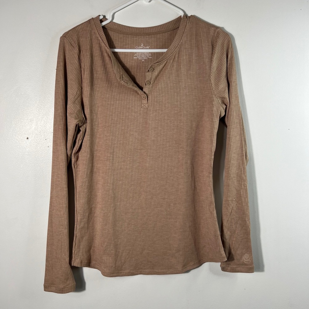 Womens Cuddl Duds Henley Stretch Rib Long Sleeve Top Lt Brown M NWOT
